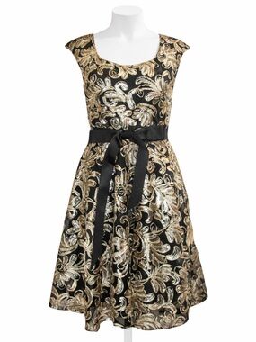 Betsy & Adam Black Cocktail Dress with Gold Ribbon Embroidery Fit Flare Size 10